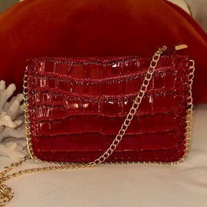 bon voyage Cherry Red Croc Faux Leather  Crossbody Link Chain Trim Bag Purse